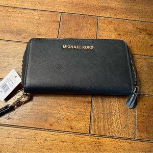Michael Kors black leather wristlet, NWT